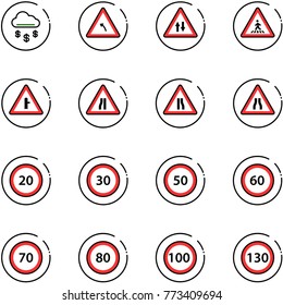 line vector icon set - money rain vector, turn left road sign, oncoming traffic, pedestrian, intersection, narrows, speed limit 20, 30, 50, 60, 70, 80, 100, 130
