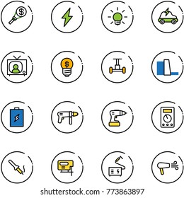 line vector icon set - money torch vector, lightning, bulb, electric car, tv news, business idea, gyroscope, water power plant, battery, drill machine, multimeter, soldering iron, jig saw, welding