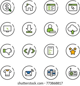 line vector icon set - money click vector, home, website, cursor browser, monitor, download, user password, upload cloud, dislike, tag code, document, stars, t shirt, wireless mail, carbon, radio