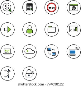 line vector icon set - money click vector, calculator, no cart horse road sign, browser globe, right arrow, user, folder, statistics, monitor, cloud, data exchange, notebook wi fi, bezier