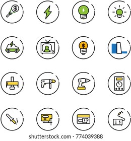 line vector icon set - money torch vector, lightning, idea, bulb, electric car, tv news, business, water power plant, milling cutter, drill machine, multimeter, soldering iron, jig saw, generator
