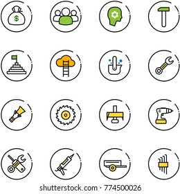 line vector icon set - money bag vector, group, brain work, pyramid flag, cloud ladder, casting of steel, wrench, dowel, saw disk, milling cutter, drill, screwdriver, gun sealant, trailer