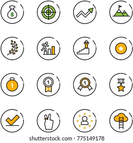 line vector icon set - money bag vector, target, growth arrow, attainment, golden branch, career, success, star medal, gold, check, victory, man, cloud ladder