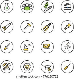line vector icon set - money bag vector, group, career, case, saw, hammer, pliers, dowel, clinch, drill, jig, welding, wrench, gear, wheelbarrow, awl