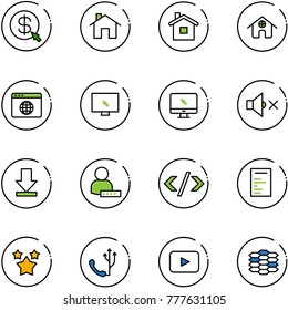 line vector icon set - money click vector, home, browser globe, monitor cursor, volume off, download, user password, tag code, document, stars, phone, playback, carbon