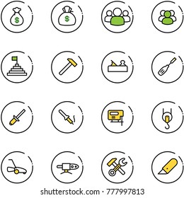 line vector icon set - money bag vector, group, pyramid flag, hammer, jointer, chisel, clinch, soldering iron, jig saw, winch, lawn mower, pipe welding, wrench, work knife