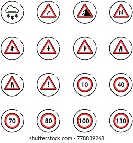 line vector icon set - money rain vector, turn right road sign, landslide, oncoming traffic, intersection, narrows, attention, speed limit 10, 40, 70, 80, 100, 130