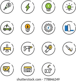 line vector icon set - money torch vector, lightning, idea, bulb, electric car, business, sun power, water plant, milling cutter, drill machine, Angular grinder, soldering iron, jig saw, generator
