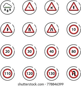 line vector icon set - money rain vector, turn left road sign, airport, intersection, narrows, speed limit 10, 20, 30, 40, 80, 110, 120, 130, no back
