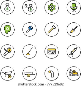 line vector icon set - money bag vector, encashment, gear, office chair, brain work, wrench, sledgehammer, clinch, Angular grinder, hoe, generator, gun sealant, wheelbarrow, trailer, allen key