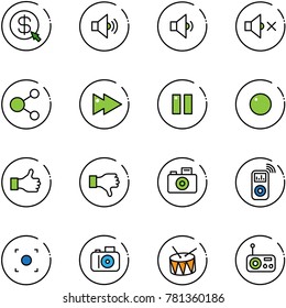 line vector icon set - money click vector, volume medium, low, off, share, fast forward, pause, record, like, dislike, camera, music player, button, drum, radio