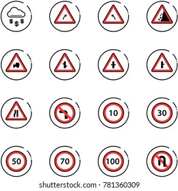 line vector icon set - money rain vector, turn right road sign, left, landslide, tractor way, intersection, narrows, no, speed limit 10, 30, 50, 70, 100, back