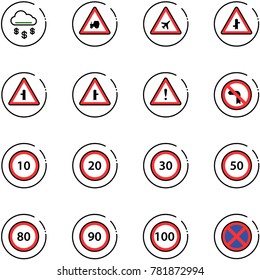 line vector icon set - money rain vector, tractor way road sign, airport, intersection, attention, no left turn, speed limit 10, 20, 30, 50, 80, 90, 100, stop
