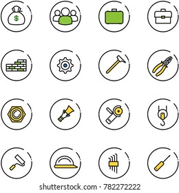 line vector icon set - money bag vector, group, case, portfolio, brick wall, gear, mason hammer, pliers, nut, dowel, Angular grinder, winch, paint roller, construction helmet, allen key set, awl