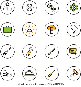 line vector icon set - money bag vector, gear, case, star man, cloud ladder, fretsaw, chisel, wrench, clinch, jig saw, lawn mower, construction helmet, awl, toy hammer