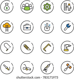 line vector icon set - money bag vector, group, gear, opportunity, cloud ladder, case, casting of steel, wrench, fretsaw, work knife, staple, drill, soldering iron, lawn mower, gun sealant
