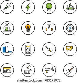 line vector icon set - money torch vector, lightning, idea, electric car, tv news, business, gyroscope, sun power, water plant, multimeter, soldering iron, jig saw, generator, welding, dryer, guitar