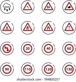 line vector icon set - money rain vector, turn left road sign, oncoming traffic, tractor way, pedestrian, narrows, attention, no, speed limit 20, 40, 60, 90, 110, 120, 130