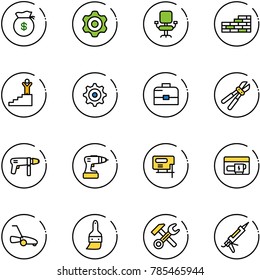 line vector icon set - money bag vector, gear, office chair, brick wall, success, case, bolt cutter, drill machine, jig saw, generator, lawn mower, brush, wrench hammer, gun sealant