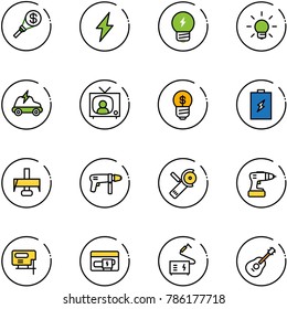 line vector icon set - money torch vector, lightning, idea, bulb, electric car, tv news, business, battery, milling cutter, drill machine, Angular grinder, jig saw, generator, welding, guitar