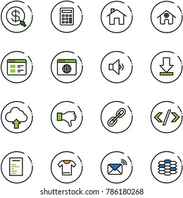 line vector icon set - money click vector, calculator, home, website, browser globe, low volume, download, upload cloud, dislike, link, tag code, document, t shirt, wireless mail, carbon
