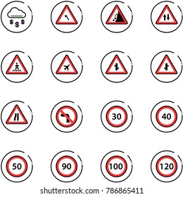 line vector icon set - money rain vector, turn left road sign, landslide, oncoming traffic, pedestrian, airport, intersection, narrows, no, speed limit 30, 40, 50, 90, 100, 120