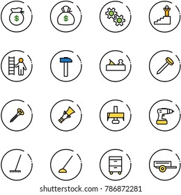 line vector icon set - money bag vector, gear, success, opportunity, hammer, jointer, nail, screw, dowel, milling cutter, drill, rake, hoe, tool cabinet, trailer