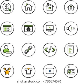 line vector icon set - money click vector, home, website, browser globe, monitor cursor, volume off, user password, link, tag code, document, stars, t shirt, playback, radio