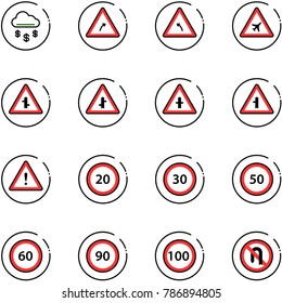 line vector icon set - money rain vector, turn right road sign, left, airport, intersection, attention, speed limit 20, 30, 50, 60, 90, 100, no back