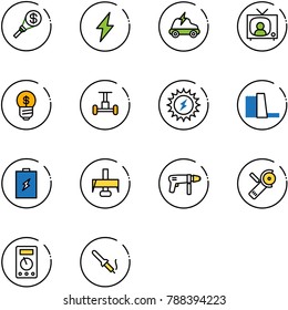 line vector icon set - money torch vector, lightning, electric car, tv news, business idea, gyroscope, sun power, water plant, battery, milling cutter, drill machine, Angular grinder, multimeter