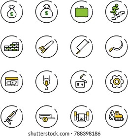 line vector icon set - money bag vector, case, career, brick wall, saw, metal hacksaw, sickle, generator, winch, welding, gear, gun sealant, trailer, sharpening, excavator toy