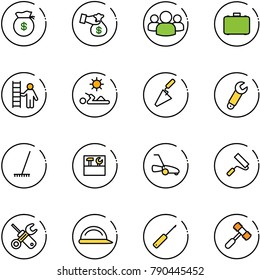 line vector icon set - money bag vector, encashment, group, case, opportunity, reading, trowel, wrench, rake, tool box, lawn mower, paint roller, screwdriver, construction helmet, awl, toy hammer