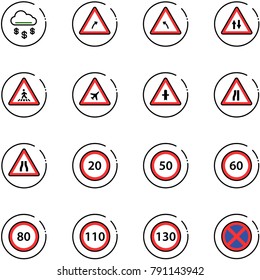 line vector icon set - money rain vector, turn right road sign, left, oncoming traffic, pedestrian, airport, intersection, narrows, speed limit 20, 50, 60, 80, 110, 130, no stop