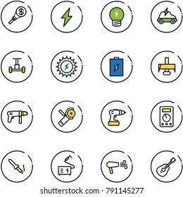 line vector icon set - money torch vector, lightning, idea, electric car, gyroscope, sun power, battery, milling cutter, drill machine, Angular grinder, multimeter, soldering iron, welding, dryer