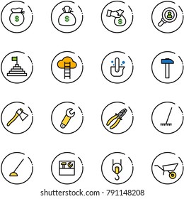 line vector icon set - money bag vector, encashment, head hunter, pyramid flag, cloud ladder, casting of steel, hammer, axe, wrench, pliers, rake, hoe, tool box, winch, wheelbarrow