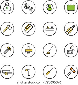 line vector icon set - money bag vector, gears, group, case, axe, trowel, jointer, pliers, screw, milling cutter, hoe, welding, trailer, allen key, awl, toy hammer