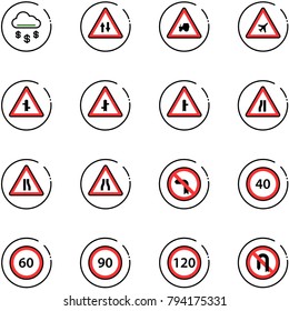 line vector icon set - money rain vector, oncoming traffic road sign, tractor way, airport, intersection, narrows, no left turn, speed limit 40, 60, 90, 120, back