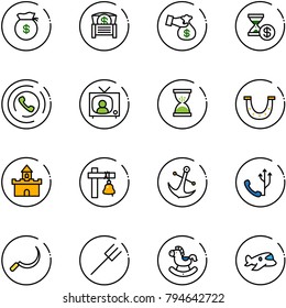 line vector icon set - money bag vector, chest, encashment, account history, phone horn, tv news, sand clock, luck, fort, ship bell, anchor, sickle, farm fork, rocking horse, plane toy