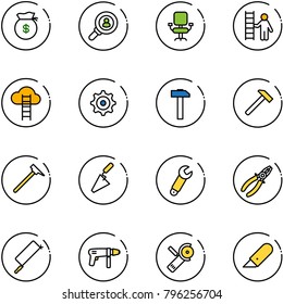 line vector icon set - money bag vector, head hunter, office chair, opportunity, cloud ladder, gear, hammer, mason, trowel, wrench, pliers, metal hacksaw, drill machine, Angular grinder, work knife