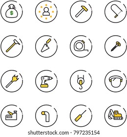 line vector icon set - money bag vector, star man, hammer, fretsaw, mason, trowel, measuring tape, screw, wood drill, winch, protect glass, stapler, allen key, awl, excavator toy