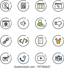 line vector icon set - money click vector, calculator, website, cursor browser, globe, low volume, user password, dislike, link, tag code, document, stars, wireless mail, phone, playback, carbon