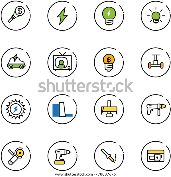 line vector icon set - money torch vector,
lightning, idea, bulb, electric car, tv news, business, gyroscope,
sun power, water plant, milling cutter, drill machine, Angular
grinder, soldering iron