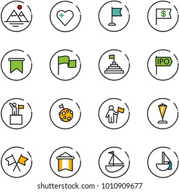 line vector icon set - mountains vector, heart, flag, dollar, pyramid, ipo, win, moon, pennant, flags cross, sailboat toy