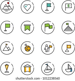 line vector icon set - mountains vector, heart, flag, dollar, pyramid, mountain, moon, win, pennant, sailboat toy
