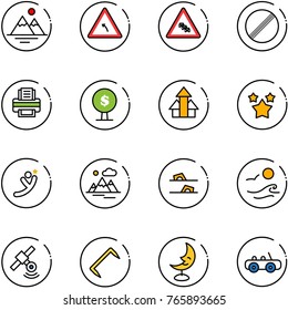 line vector icon set - mountains vector, turn left road sign, multi lane traffic, no limit, printer, money tree, arrows up, stars, flying man, flip flops, waves, satellite, staple, moon lamp