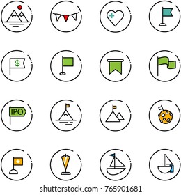 line vector icon set - mountains vector, flag garland, heart, dollar, ipo, mountain, moon, pennant, sailboat toy