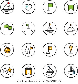 line vector icon set - mountains vector, heart, flag, pyramid, mountain, moon, win, pennant, flags cross, sailboat toy