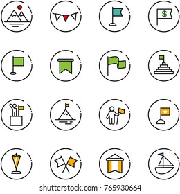 line vector icon set - mountains vector, flag garland, dollar, pyramid, win, mountain, pennant, flags cross, sailboat toy