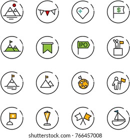 line vector icon set - mountains vector, flag garland, heart, dollar, attainment, ipo, win, mountain, moon, pennant, flags cross, sailboat toy