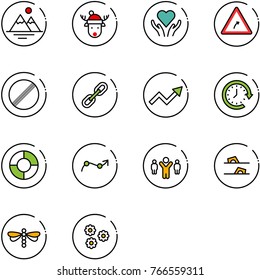 line vector icon set - mountains vector, christmas deer hat, heart care, turn right road sign, no limit, link, growth arrow, clock around, circle chart, point, team leader, flip flops, dragonfly